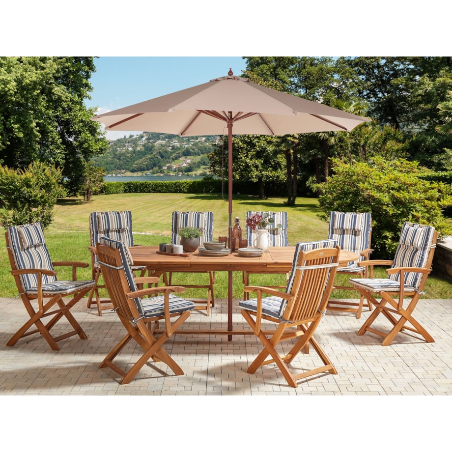 Zestaw ogrodowy drewniany stół z parasolem i 8 krzeseł z poduszkami niebiesko-beżowymi MAUI II