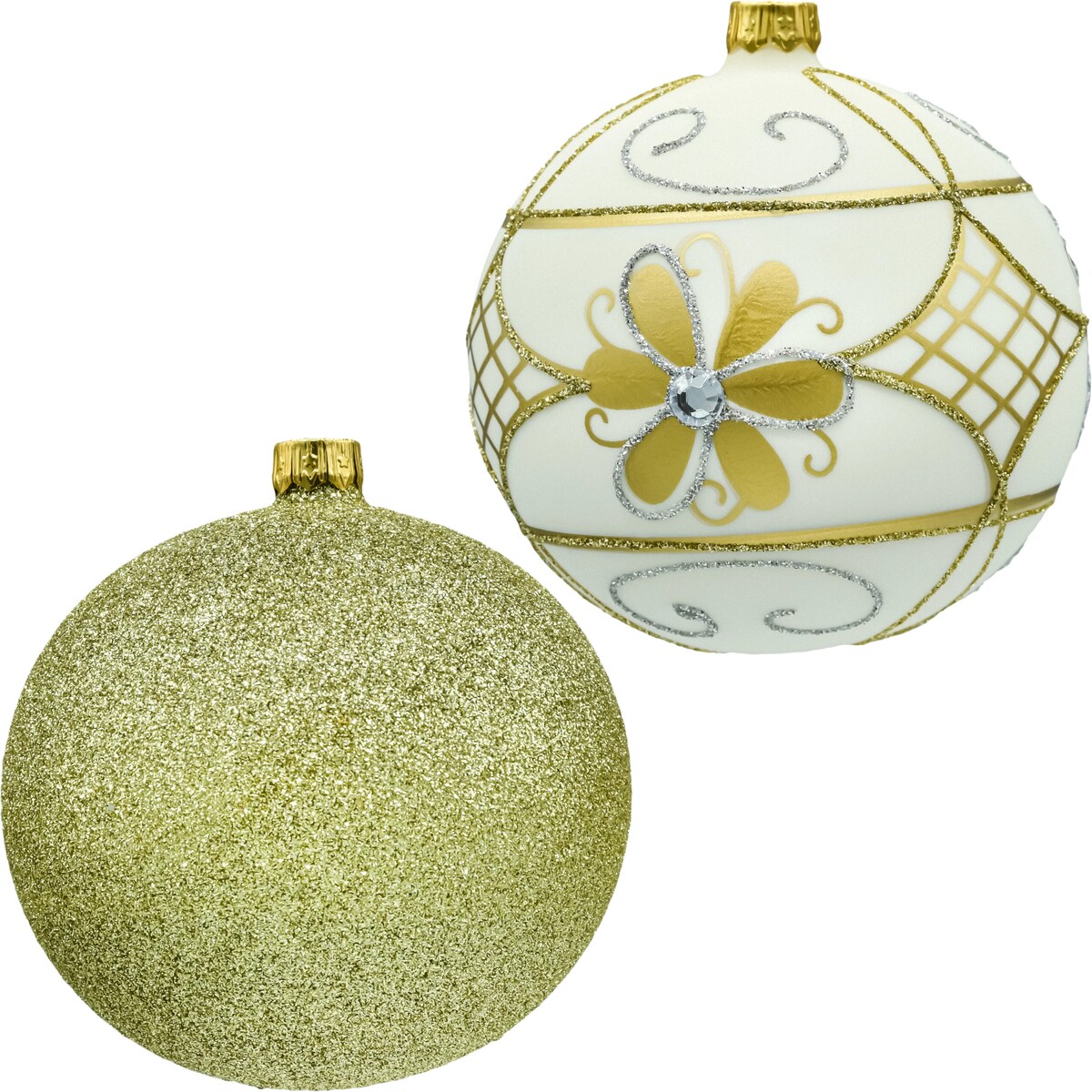 Bombki okrągłe: złote brokatowe i ecru