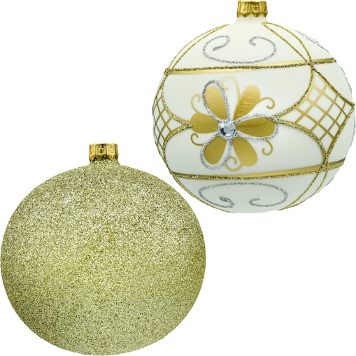 Bombki okrągłe: złote brokatowe i ecru