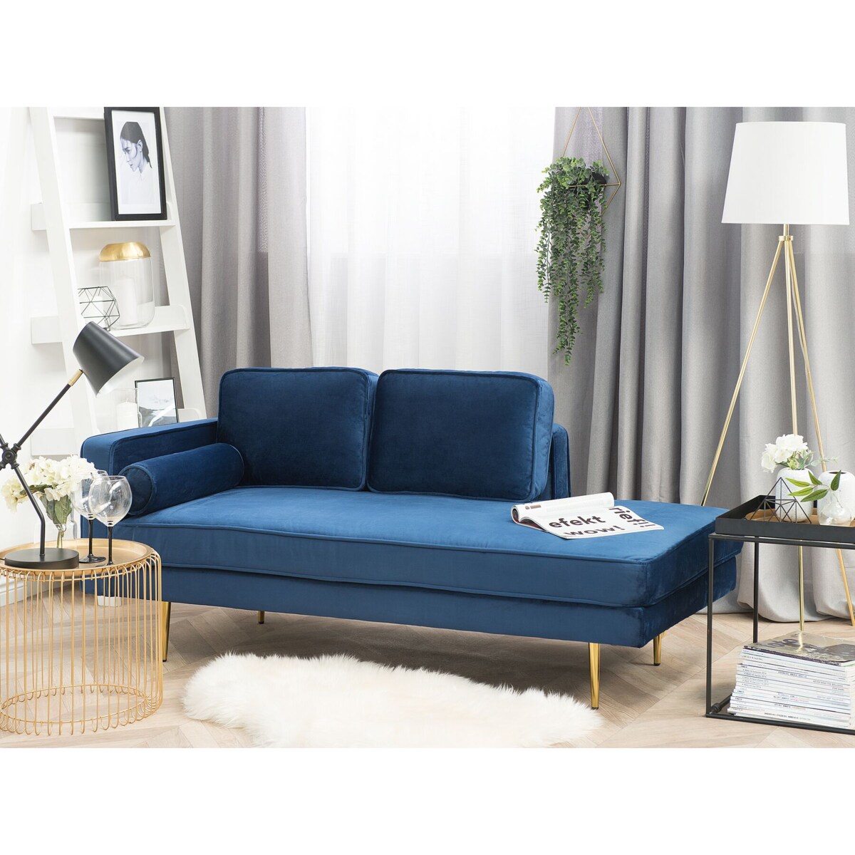 Szezlong welurowy lewostronny niebieski MIRAMAS