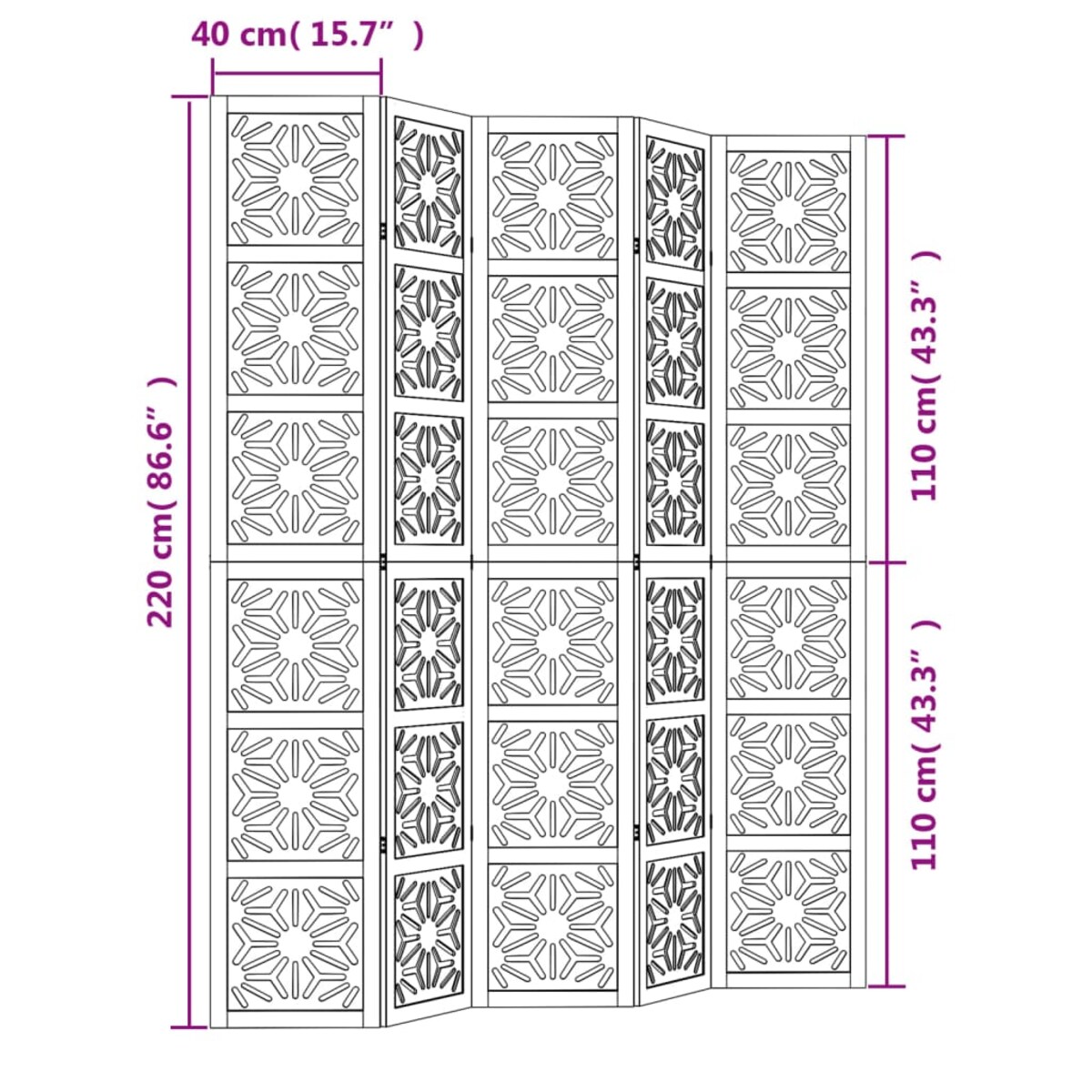 vidaXL Parawan pokojowy, 5-panelowy, brązowo-czarny, lita paulownia