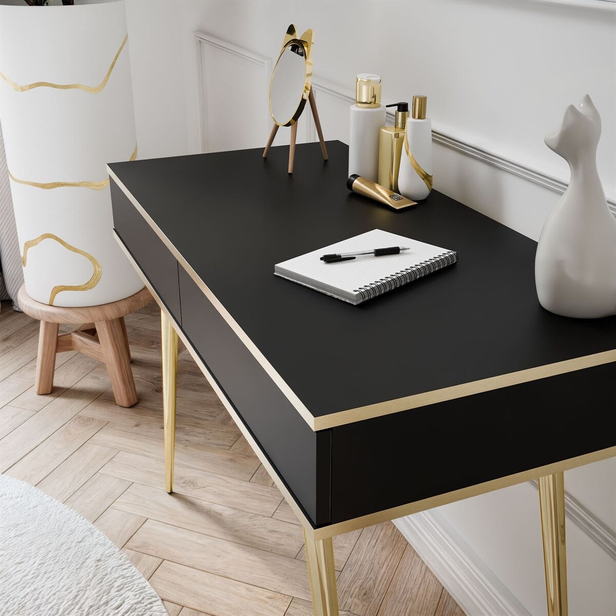 Konsola OXFORD z szufladami na złotym stelażu, czarny mat