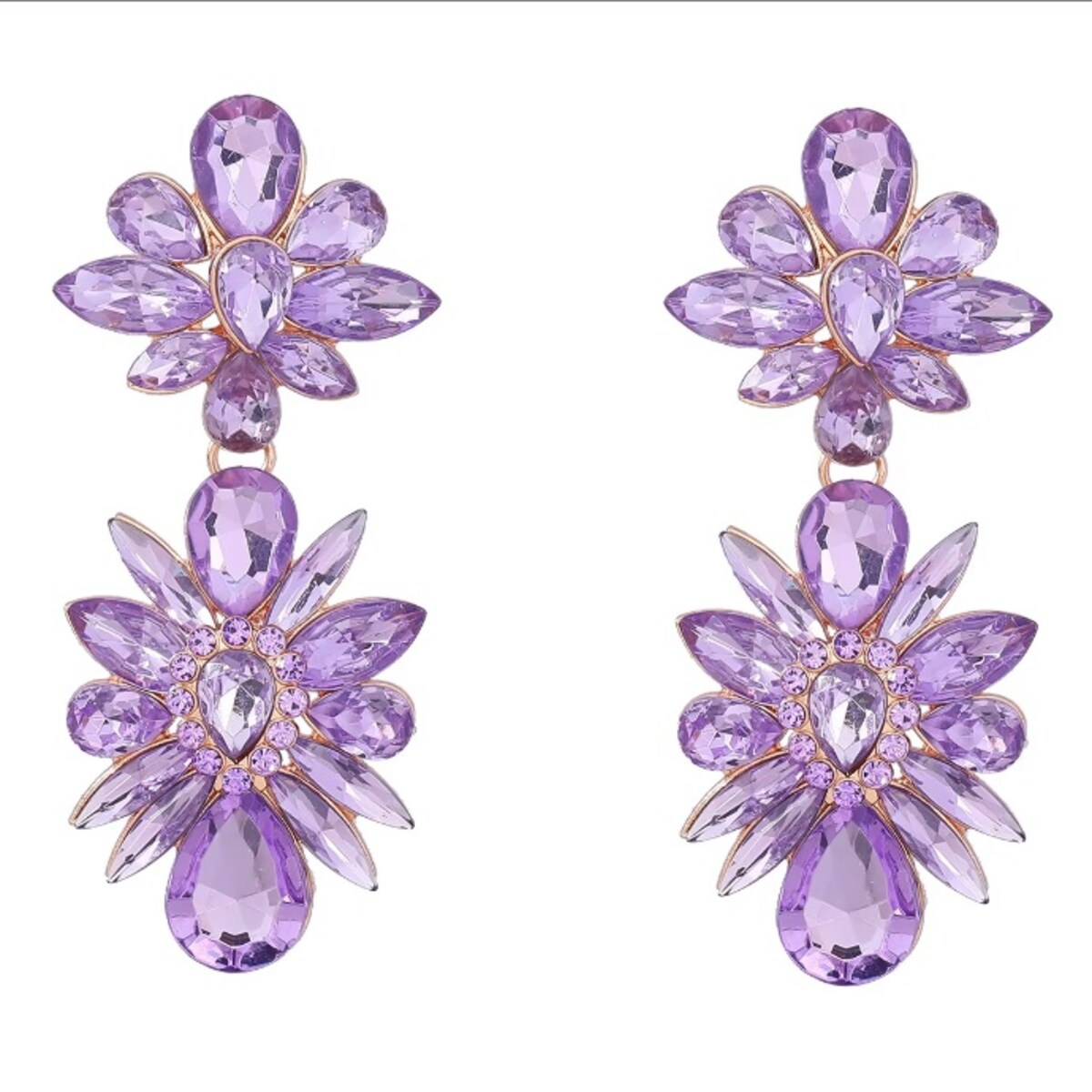 Długie kolczyki złote lawendowe fioletowe kryształowe cyrkonie błyszczące
