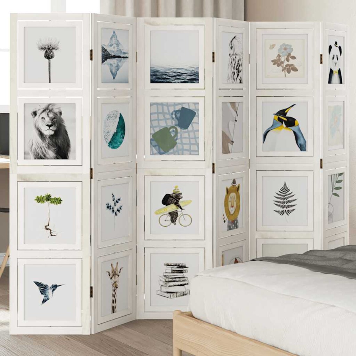 vidaXL Parawan pokojowy, 6-panelowy, biały, lite drewno paulowni