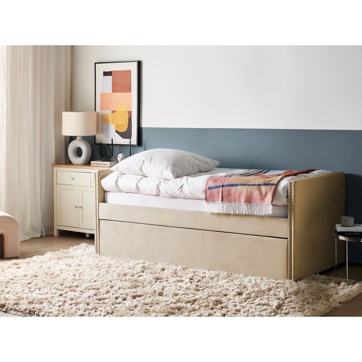 Łóżko wysuwane welurowe 90 x 200 cm beżowe TROYES