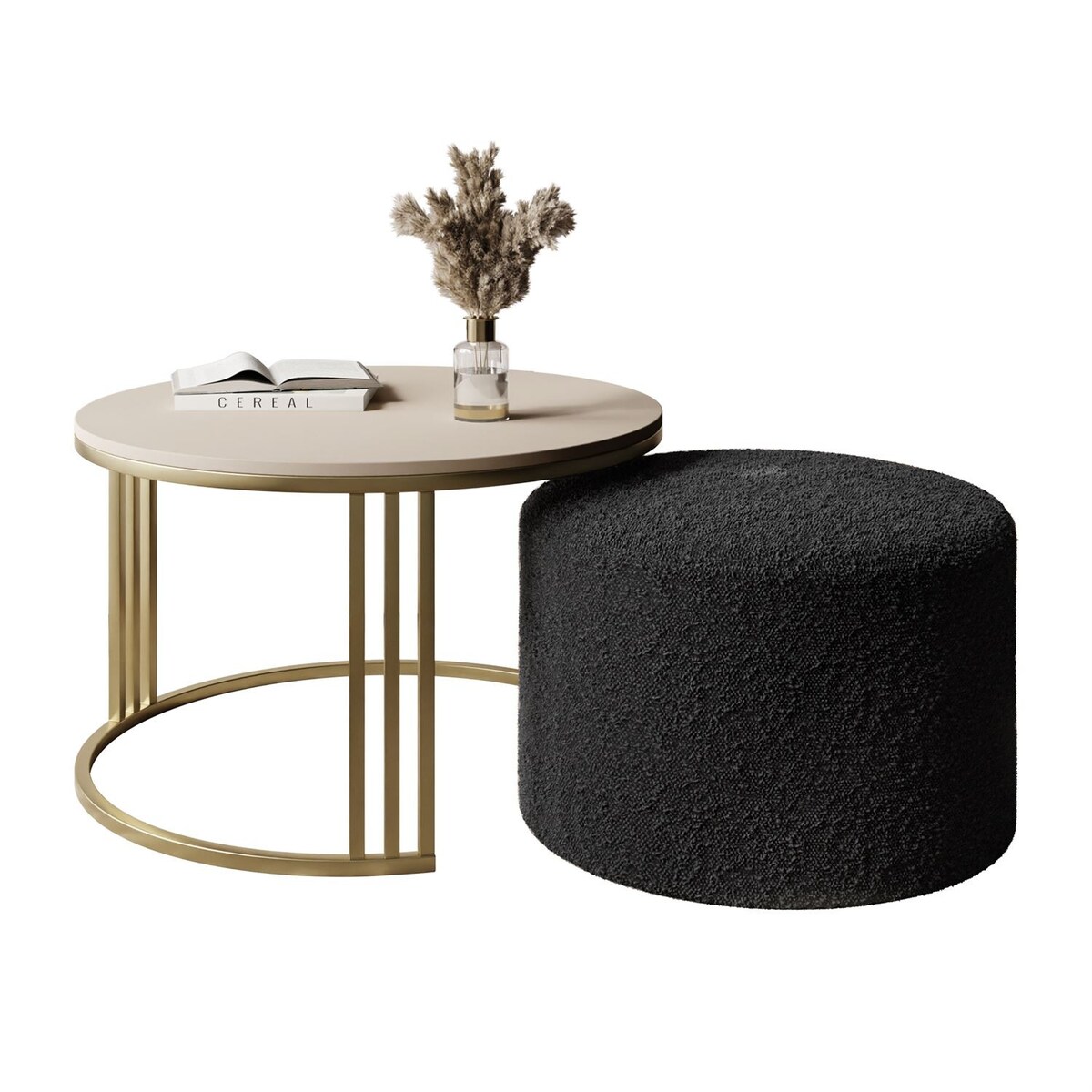Stolik kawowy z pufą LORI MAT złoto szczotkowane, kaszmir mat / Coral 60