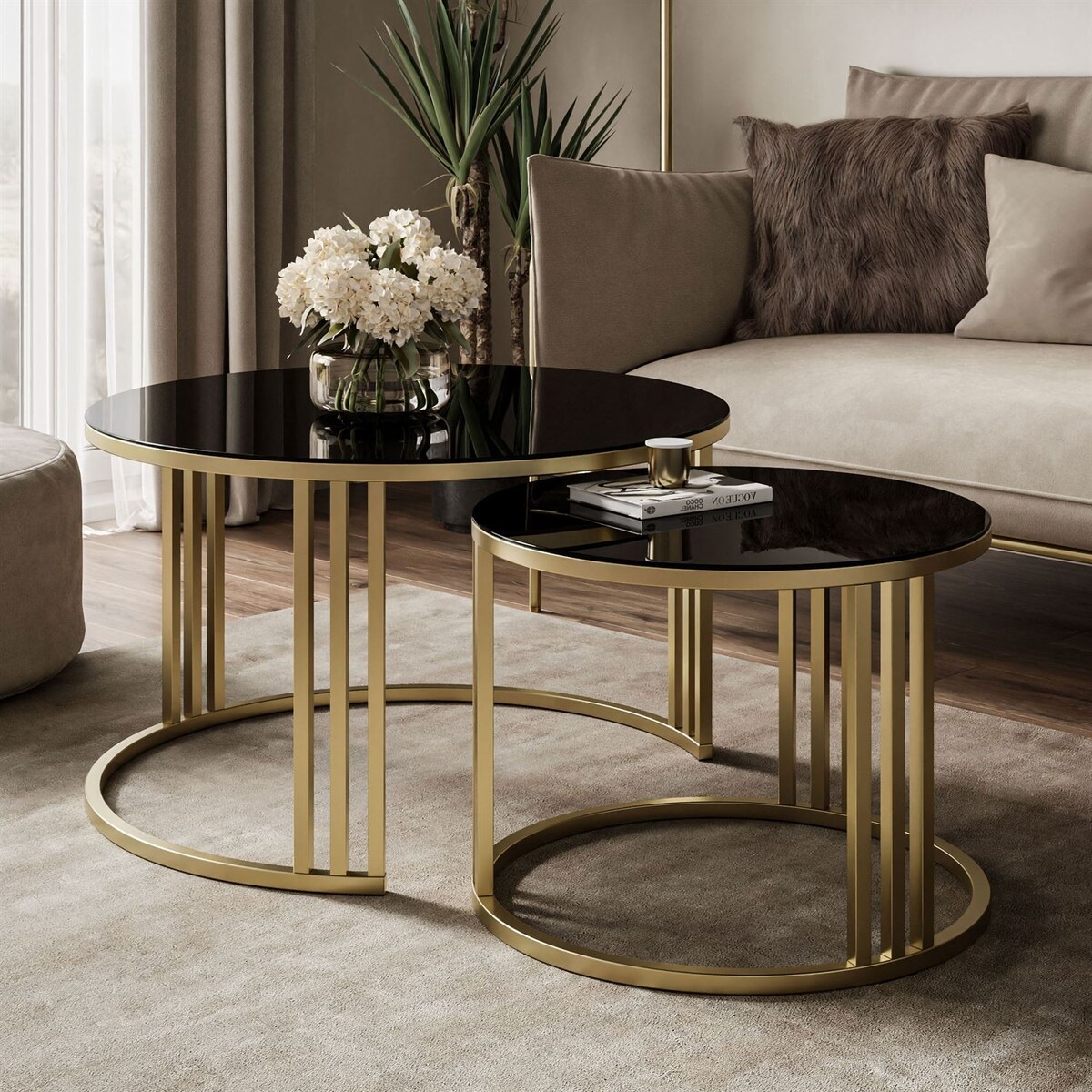 Okrągły stolik kawowy 2w1 LORI GLASS złoto szczotkowane, blat czarne szkło