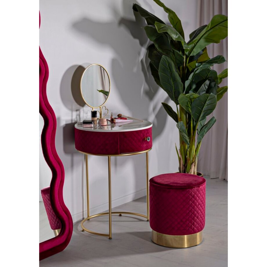 Toaletka z taboretem Nightstand Dressing Vellit, zestaw 2 szt., zestaw do makijażu, czerwony, złoty, Mauro Ferretti