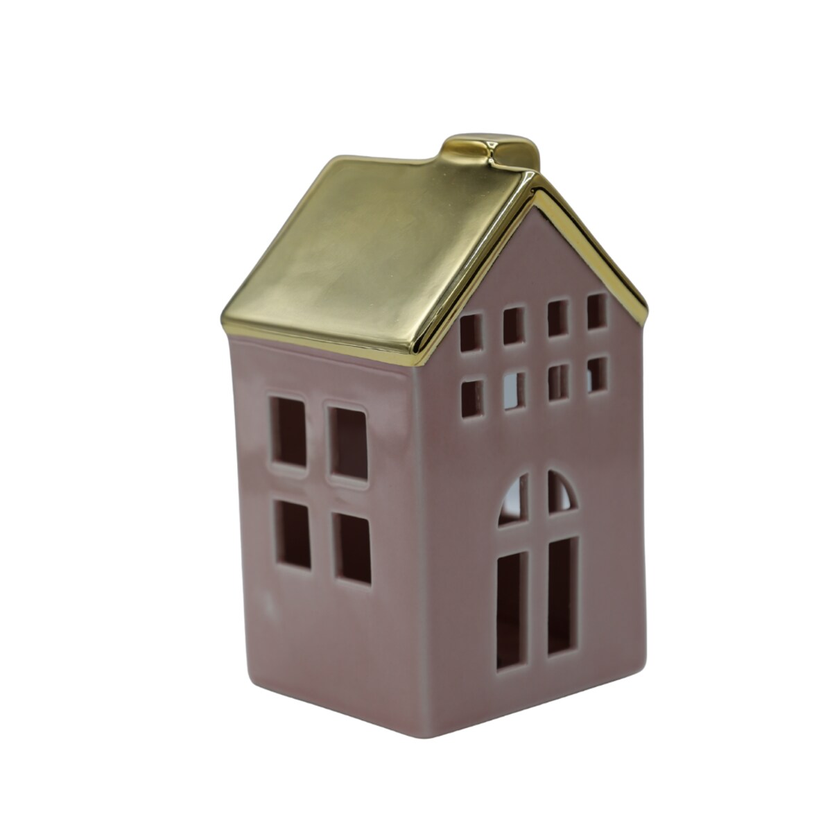 Domek ceramiczny LED, brudny róż ze złotym dachem, 9x8,1x15,1 cm