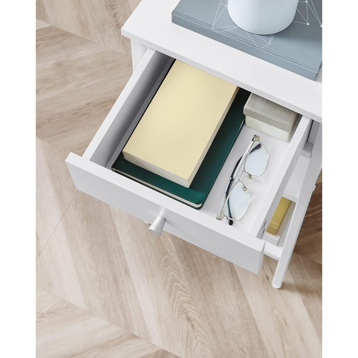 SZAFKA NOCNA Z SZUFLADĄ NOWOCZESNY STOLIK Z PÓŁKAMI - BIAŁA