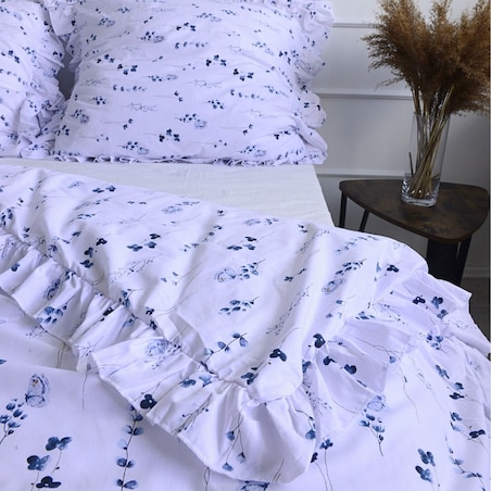 Pościel Bawełniana Z Falbanką Komplet Zestaw Do Sypialni 160X200 Niebieska Łąka + 2 Poduszki 70X80 Cm