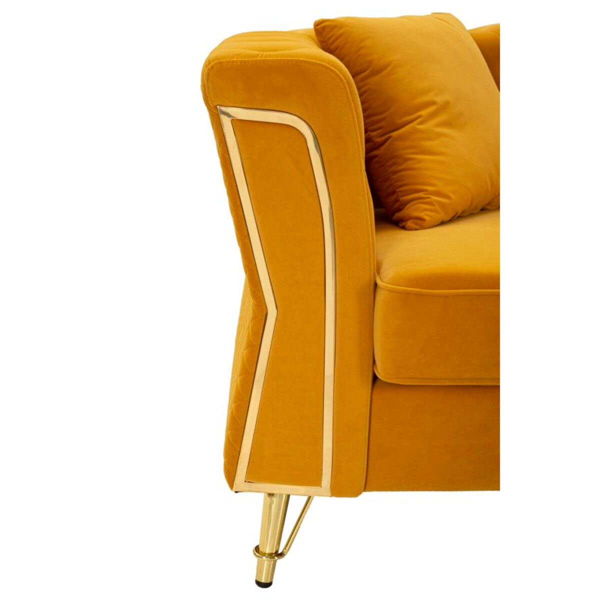 Sofa Emy, kolor musztardowy i złoty, poliester, drewno eukaliptusowe, drewno sosnowe, sklejka i metal, 162 x 83 x 76 cm, do salonu, Mauro Ferretti