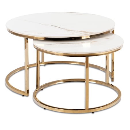 Stolik Kawowy Okrągły Zestaw 2w1 Ława Glamour Marmur Biały Złoty MILANO