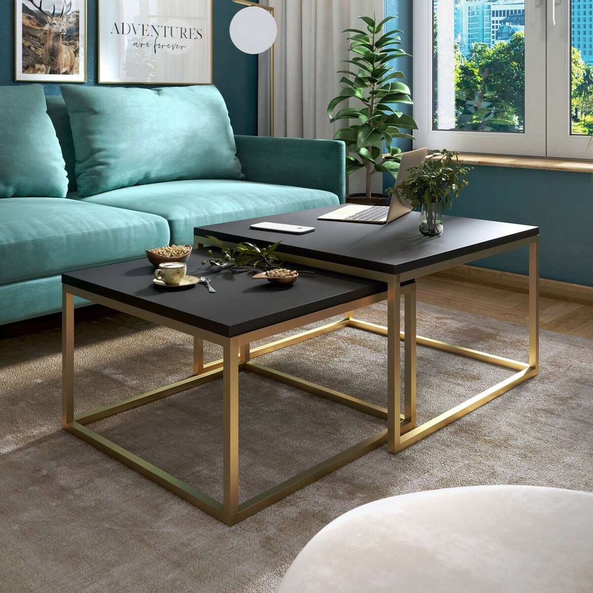 Stolik kawowy YOSHI 2w1 cm złoty mat czarny mat