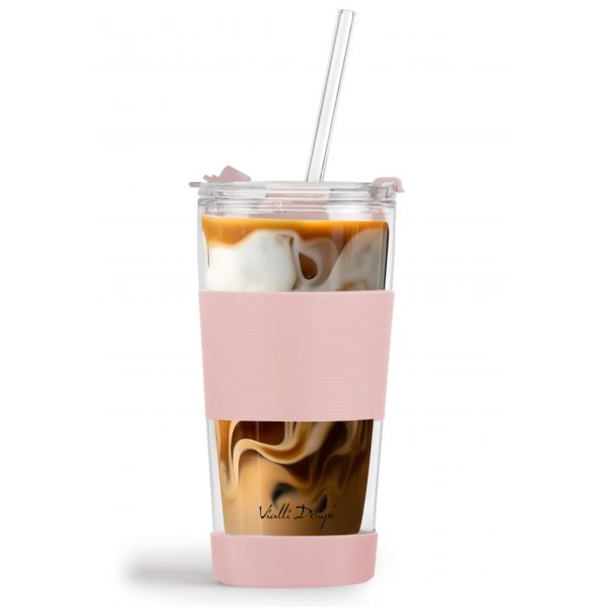 Kubek termiczny szklany ze słomką 600 ml różowy Fuori 30411