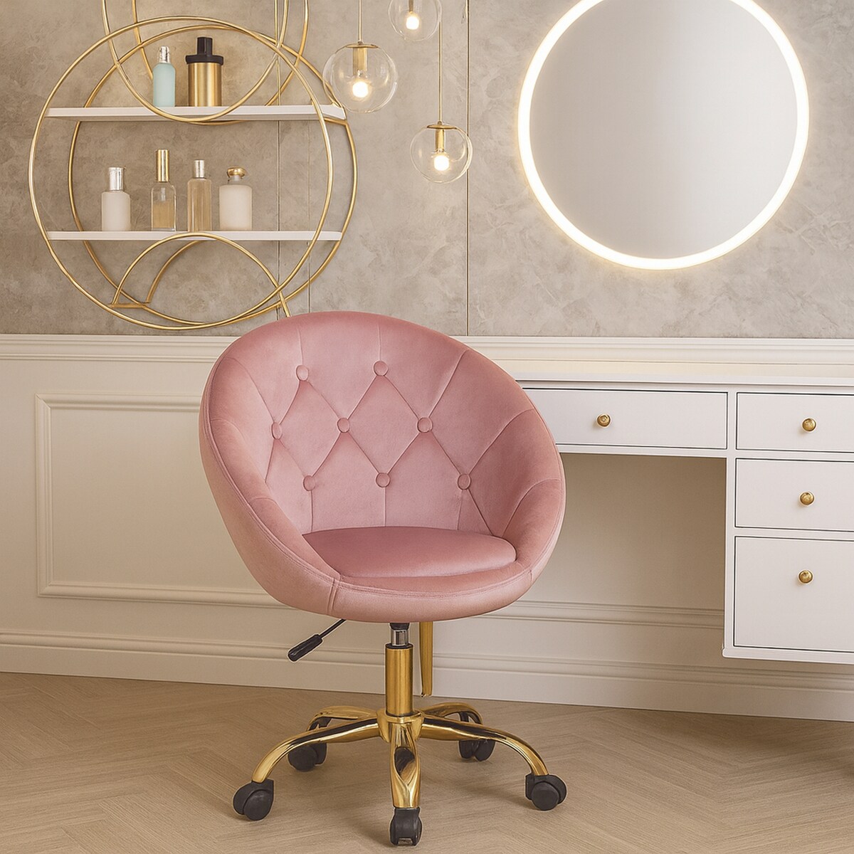Fotel podnoszony ELEGANCKI obrotowy WELUR na kółkach RUNDO różowy JUMIhome