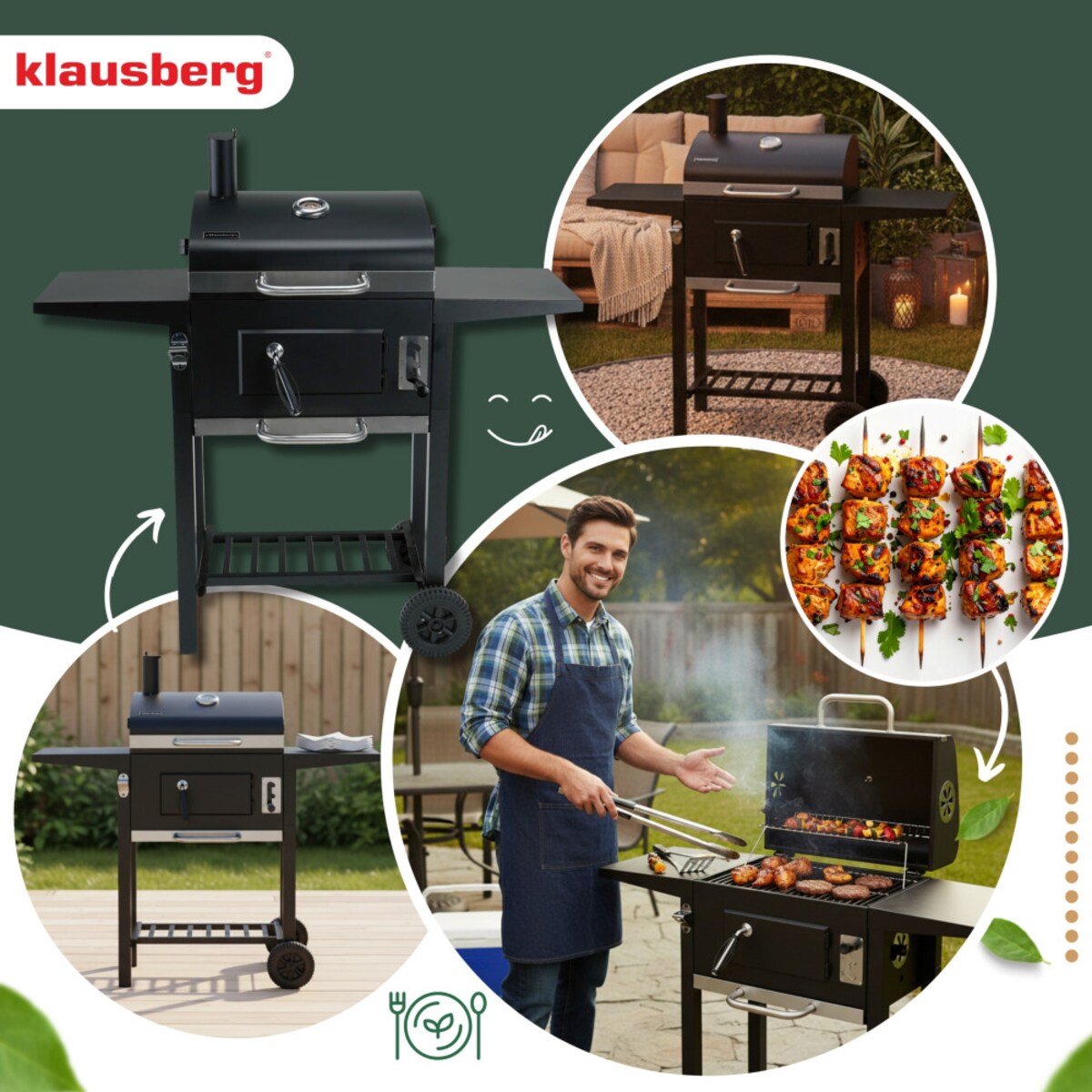Grill ogrodowy duży węglowy z kominem termometrem czarny KLAUSBERG KB-9034