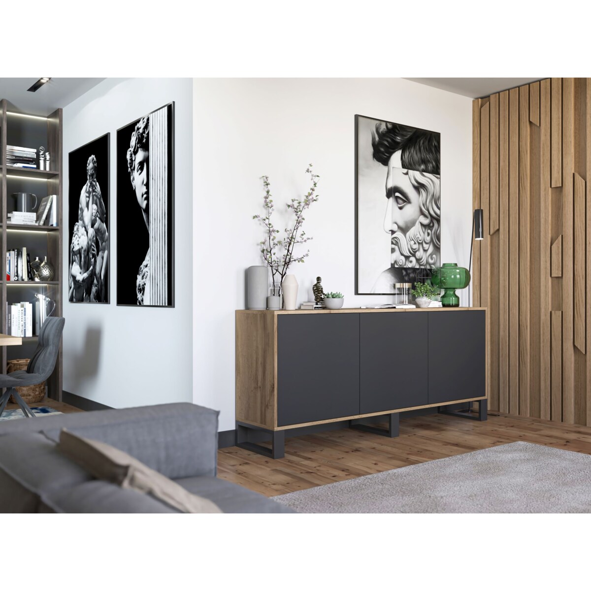 Komoda Loft Szafka RTV Industrialna Dąb Wotan Czarny MAT 168 cm