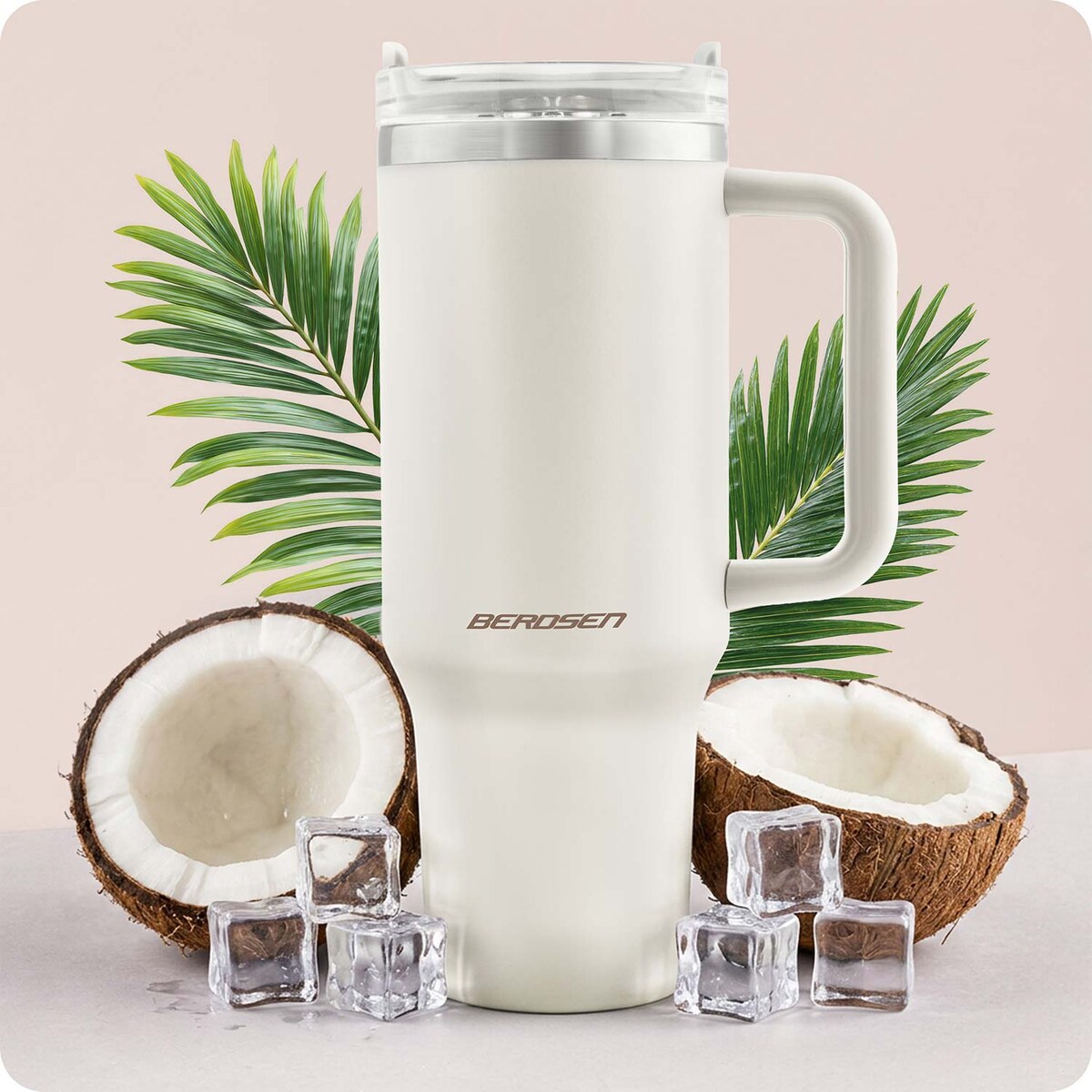Kubek termiczny Berdsen kremowy 1180ml stal nierdzewna zimne ciepłe napoje + zestaw słomek