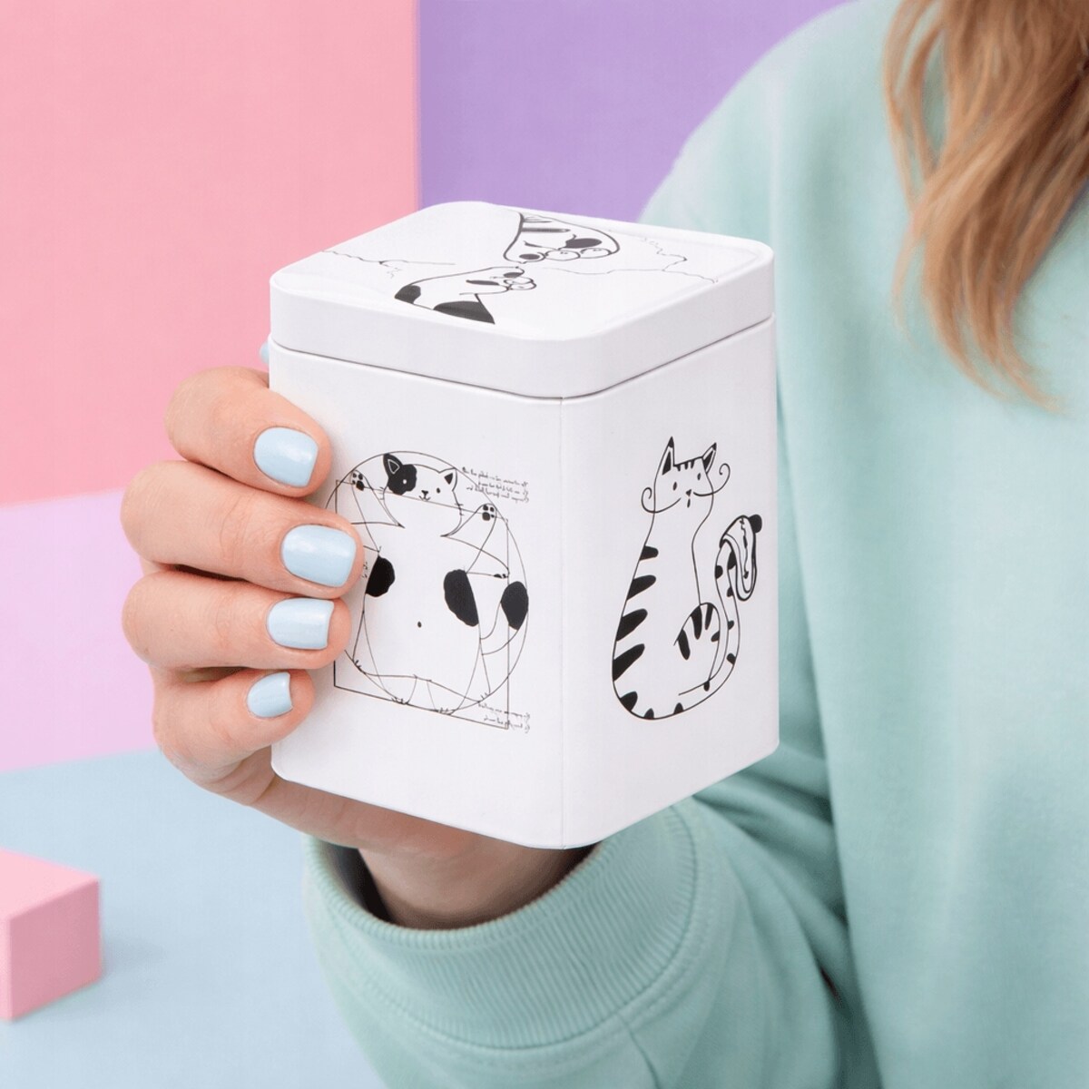 Metalowa puszka z pokrywką CAT ARTIST z motywem kota na kawę herbatę zioła przyprawy szpargały - prezent dla kobiety żony dziewczyny mamy babci niej