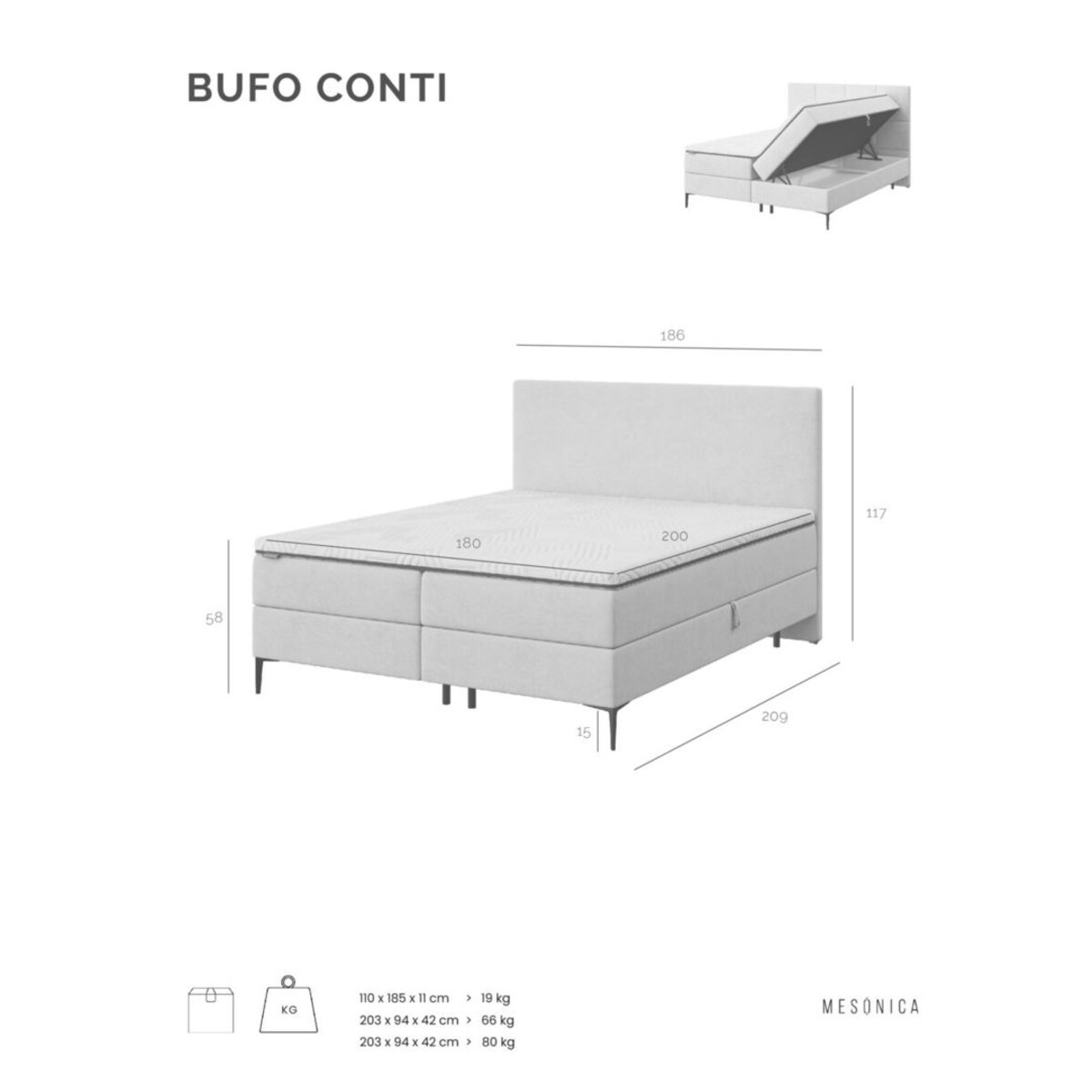 Mesonica Łóżko Kontynentalne Bufo, beżowe 180x200, materac nawierzchniowy 180x200 wys: 5 cm