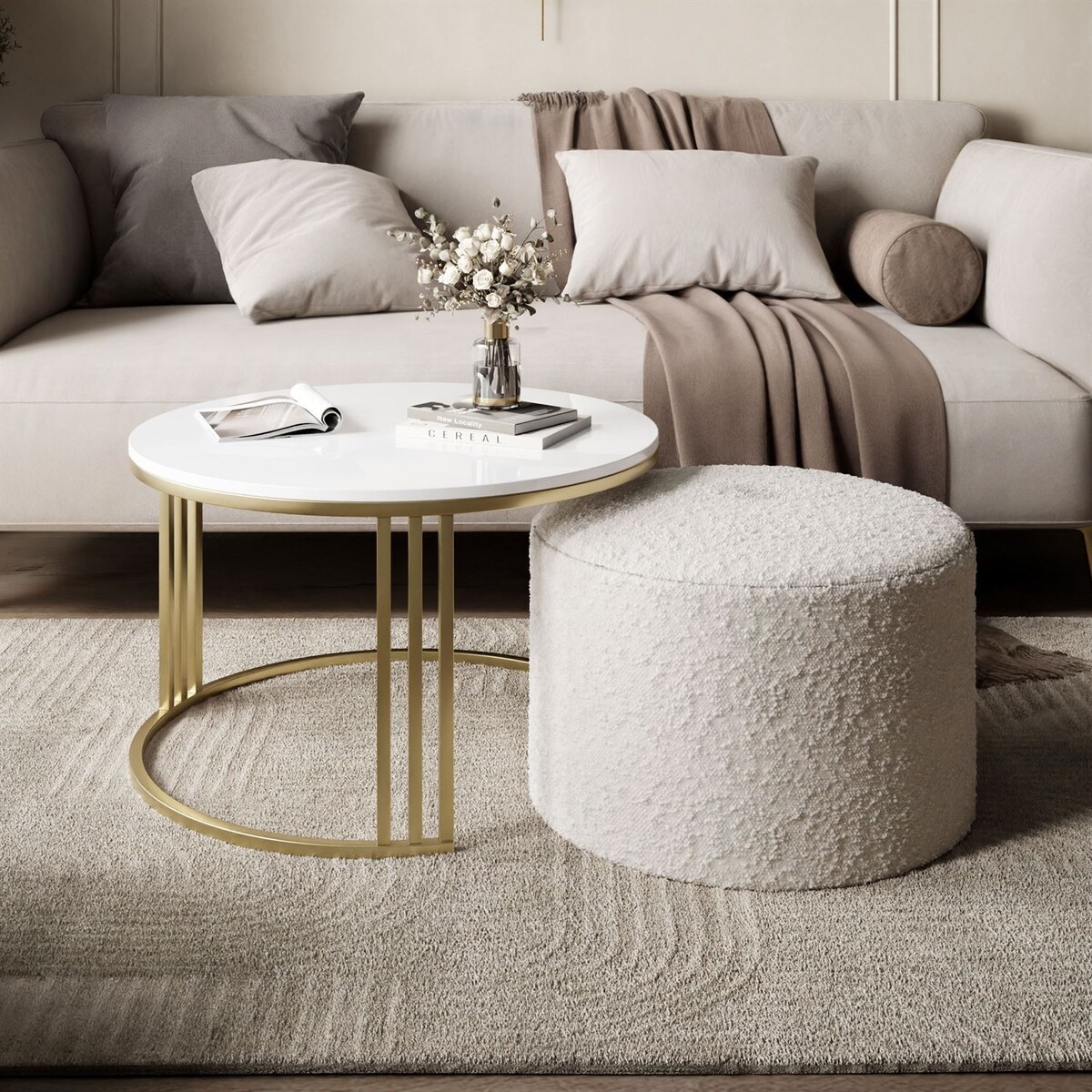 Stolik kawowy z pufą LORI POŁYSK złoto szczotkowane, biały / Coral 65