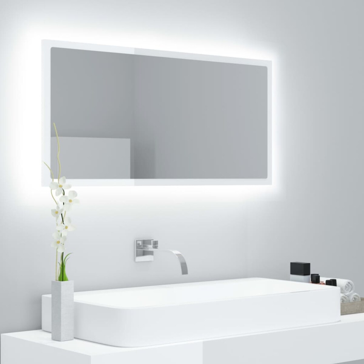 vidaXL Lustro łazienkowe LED, wysoki połysk, białe, 90x8,5x37cm, akryl