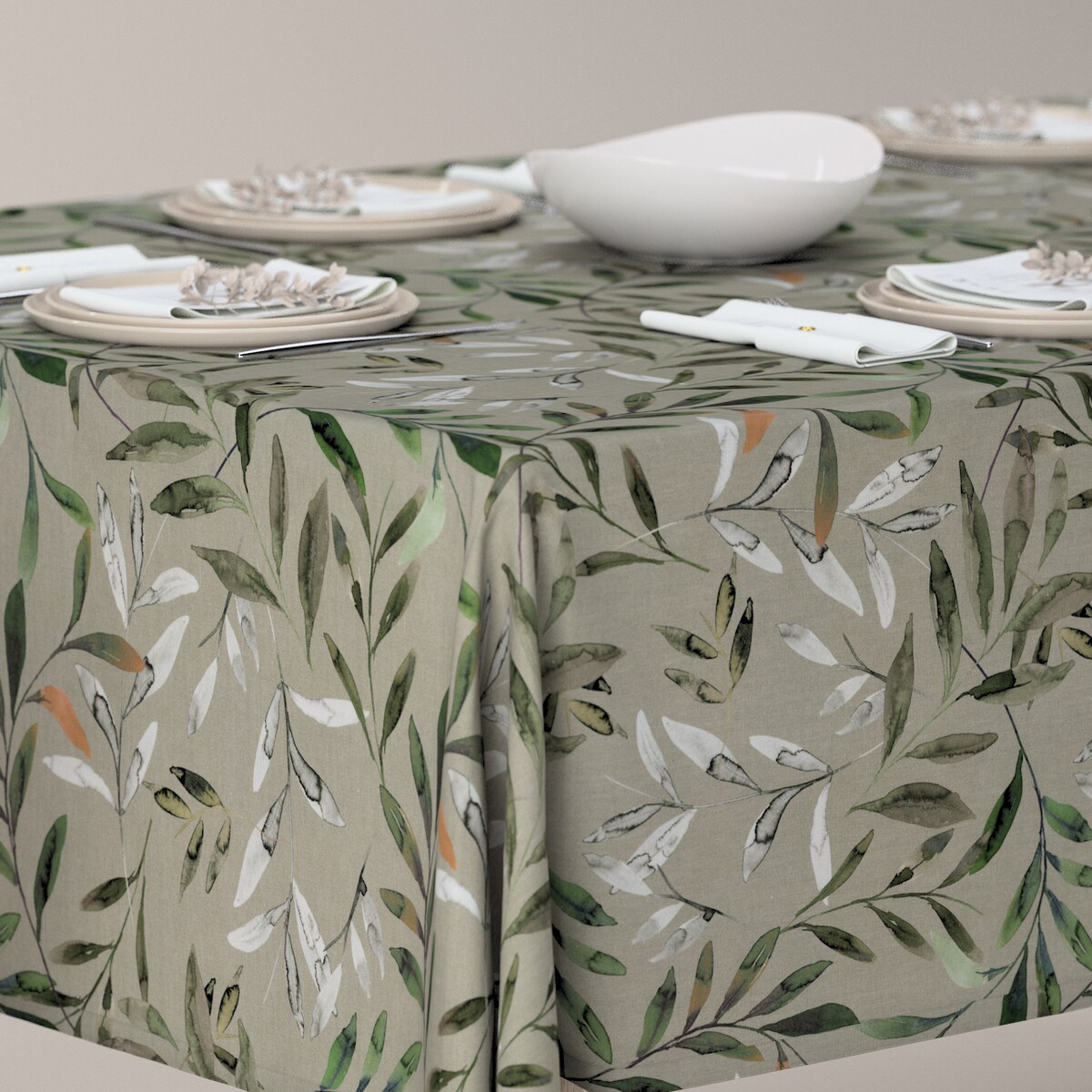 Obrus prostokątny 130 x 160 cm zielone gałązki na szarym tle