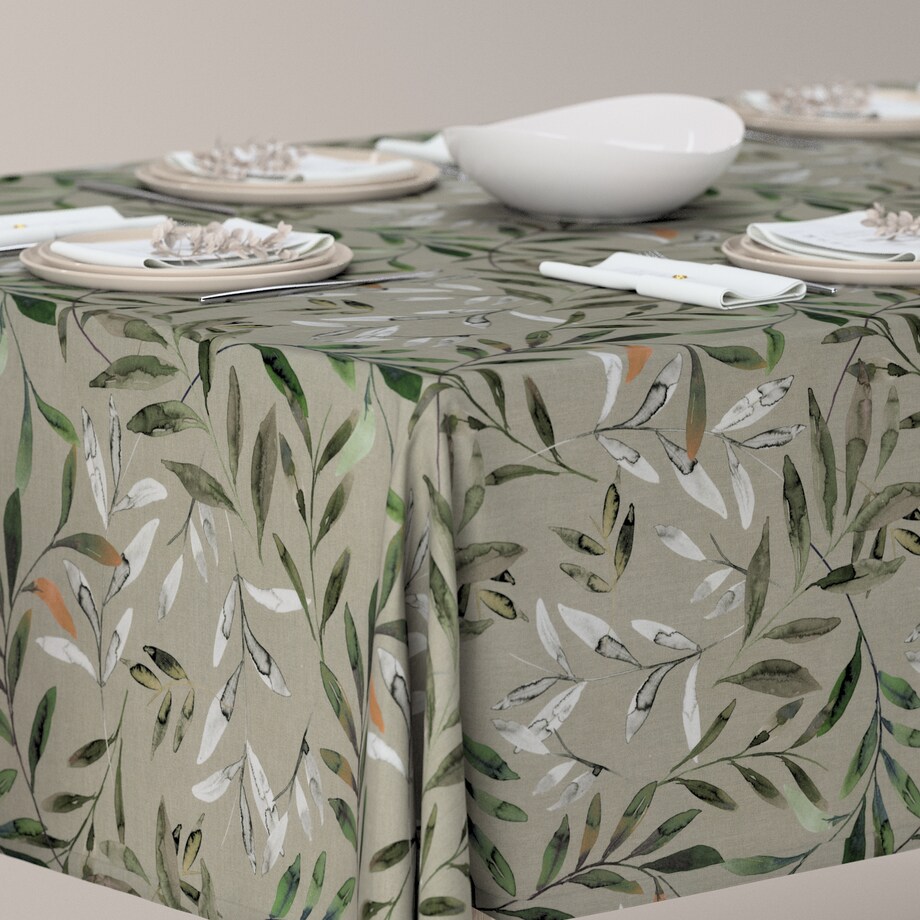 Obrus prostokątny 130 x 160 cm zielone gałązki na szarym tle