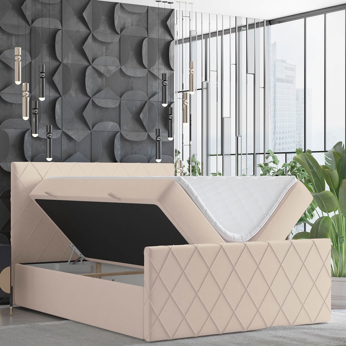 Łóżko kontynentalne PLATINE 200x200 z pojemnikiem, Jasny Beż, tkanina Magic Velvet 2282