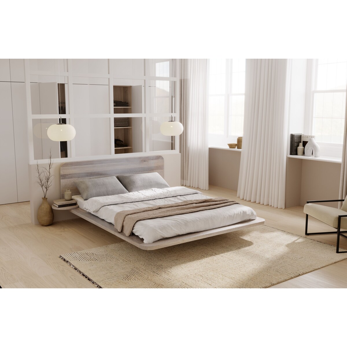 Łóżko lewitujące dębowe JAPANDIC / 180x200, olej bielony