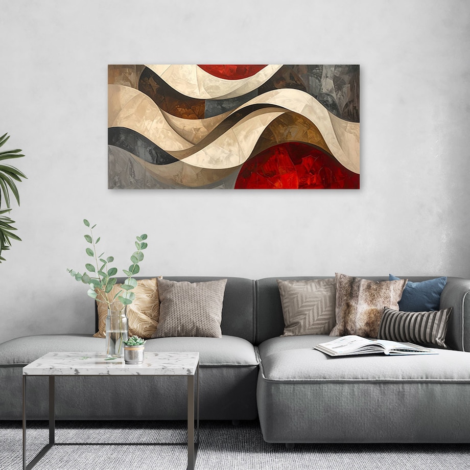 Obraz do salonu sypialni biura loftu, Abstrakcja linie kształty beżowy czerwony