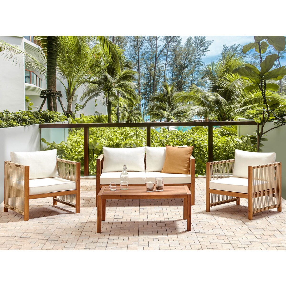 Zestaw ogrodowy 4-osobowy drewniany z plecionką beżową ANTRIA