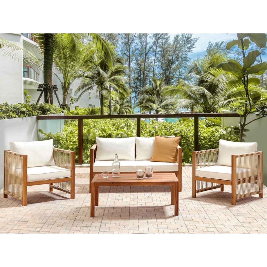 Zestaw ogrodowy 4-osobowy drewniany z plecionką beżową ANTRIA