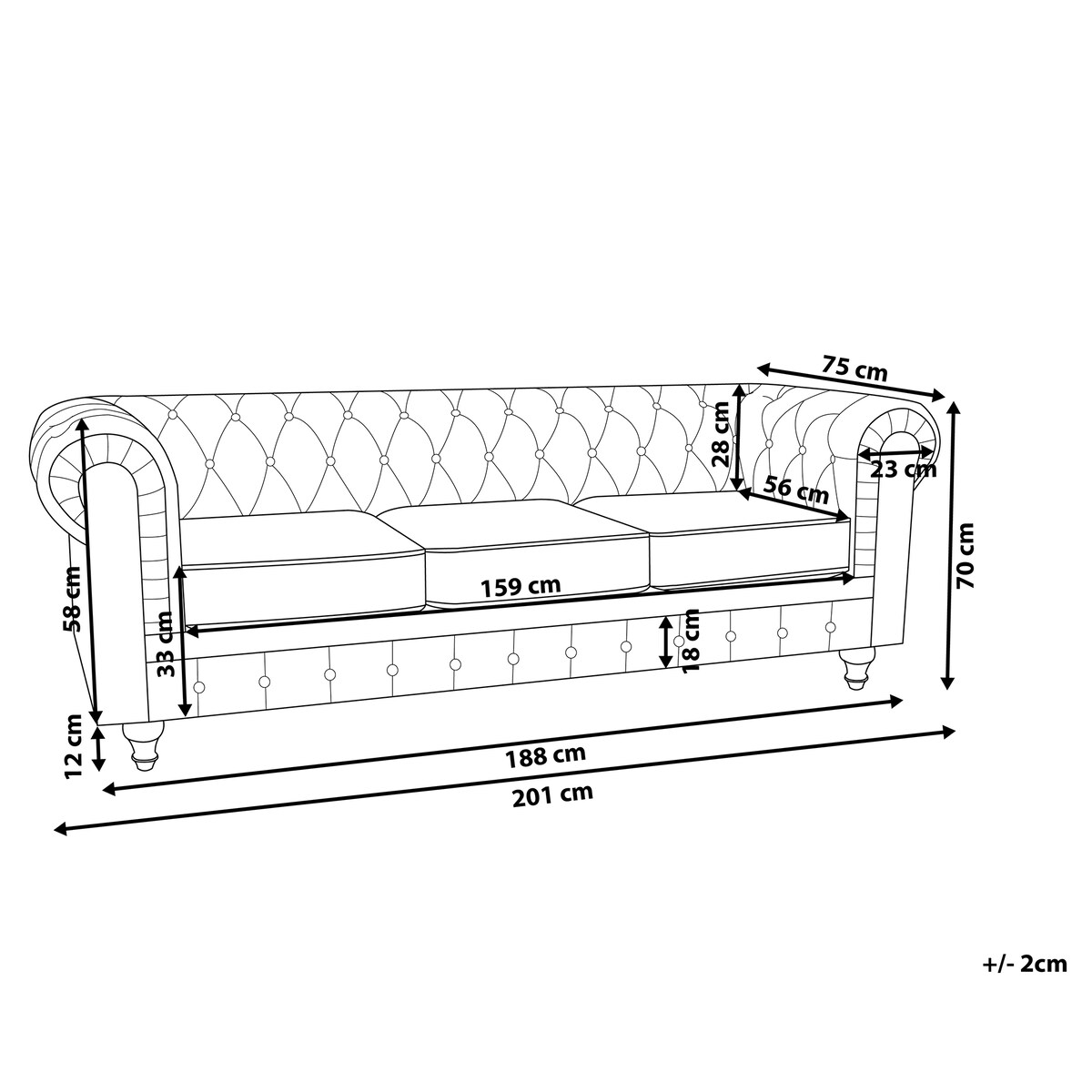 Sofa dla 3 osób CHESTERFIELD Welur Czarny