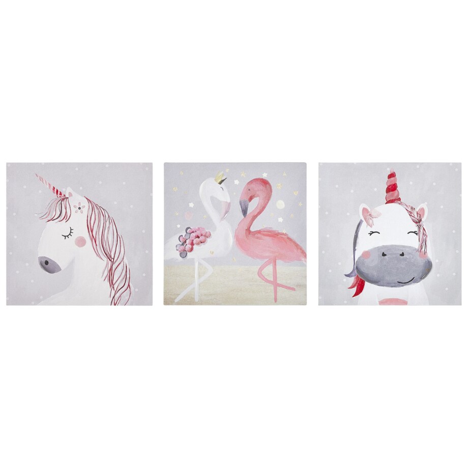 Zestaw 3 obrazów na płótnie zwierzęta 30 x 30 cm szaro-różowy TIMIA
