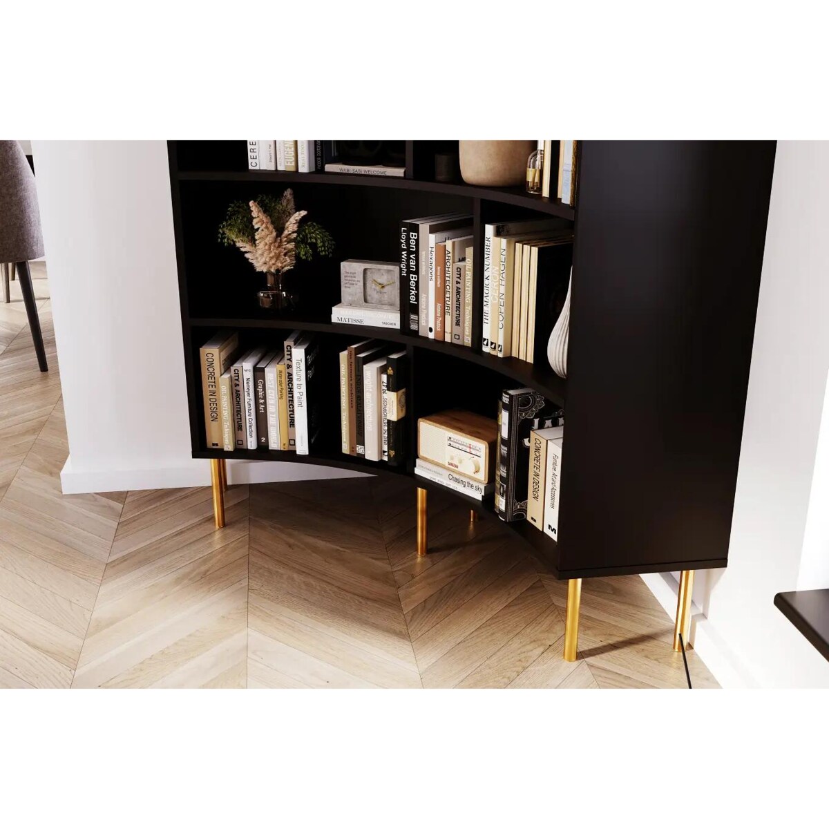 Nowoczesny narożny regał na książki Skandica HORN ze złotymi nogami / czarny