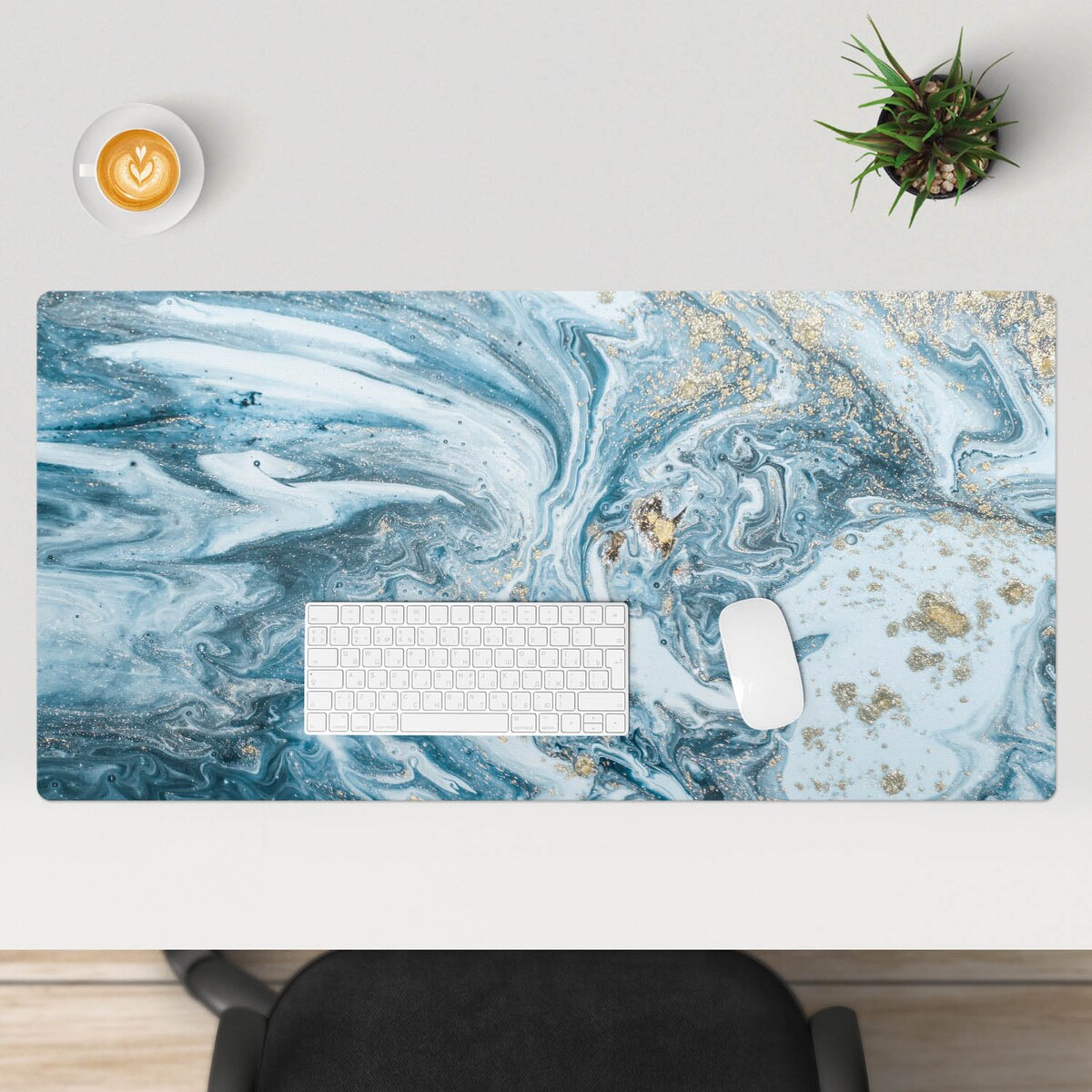 Niebieska mata na biurko Marmurowe fale, 100x50 cm