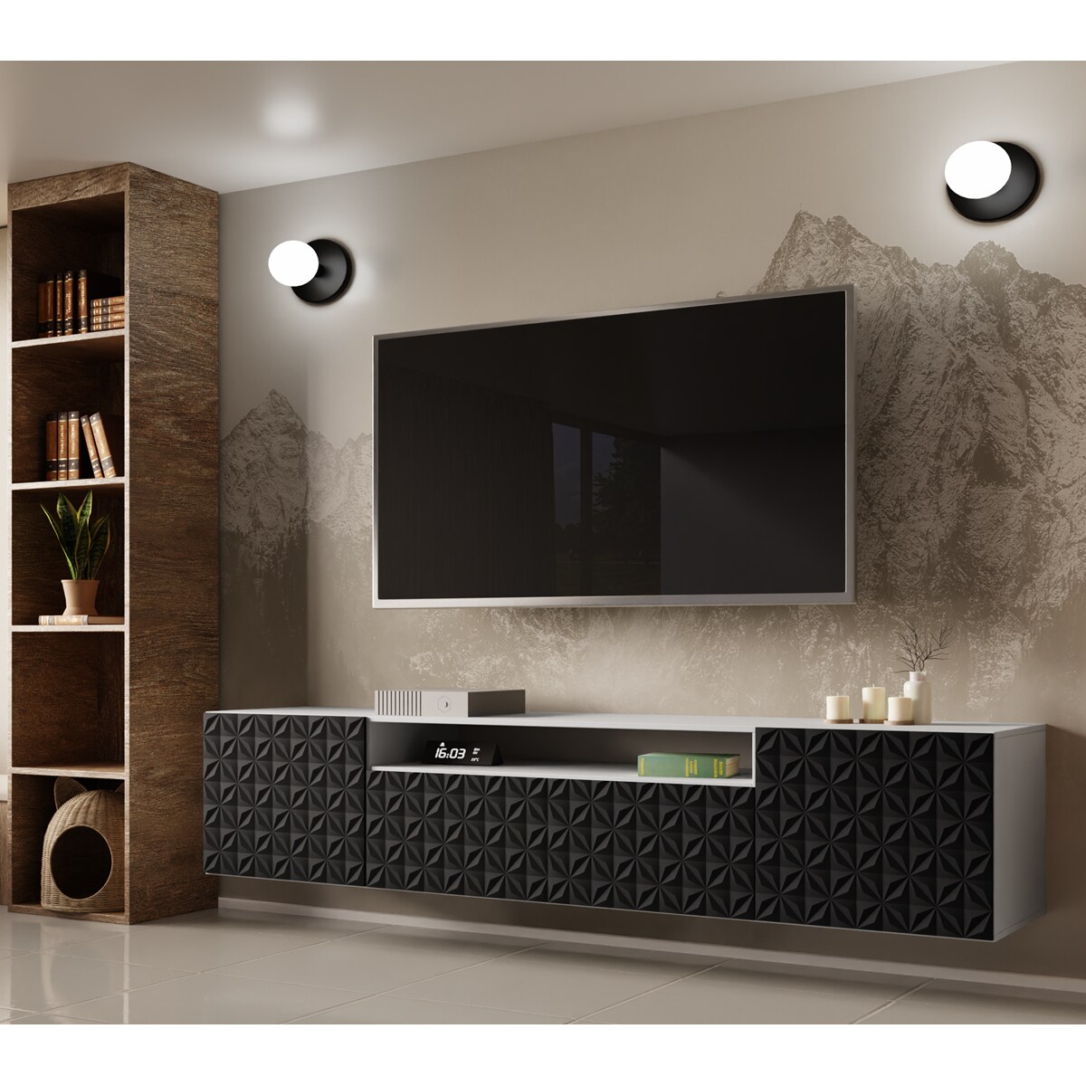 Szafka RTV ALI 200 cm, wisząca,z ozdobnymi frontami do salonu- frot czarny