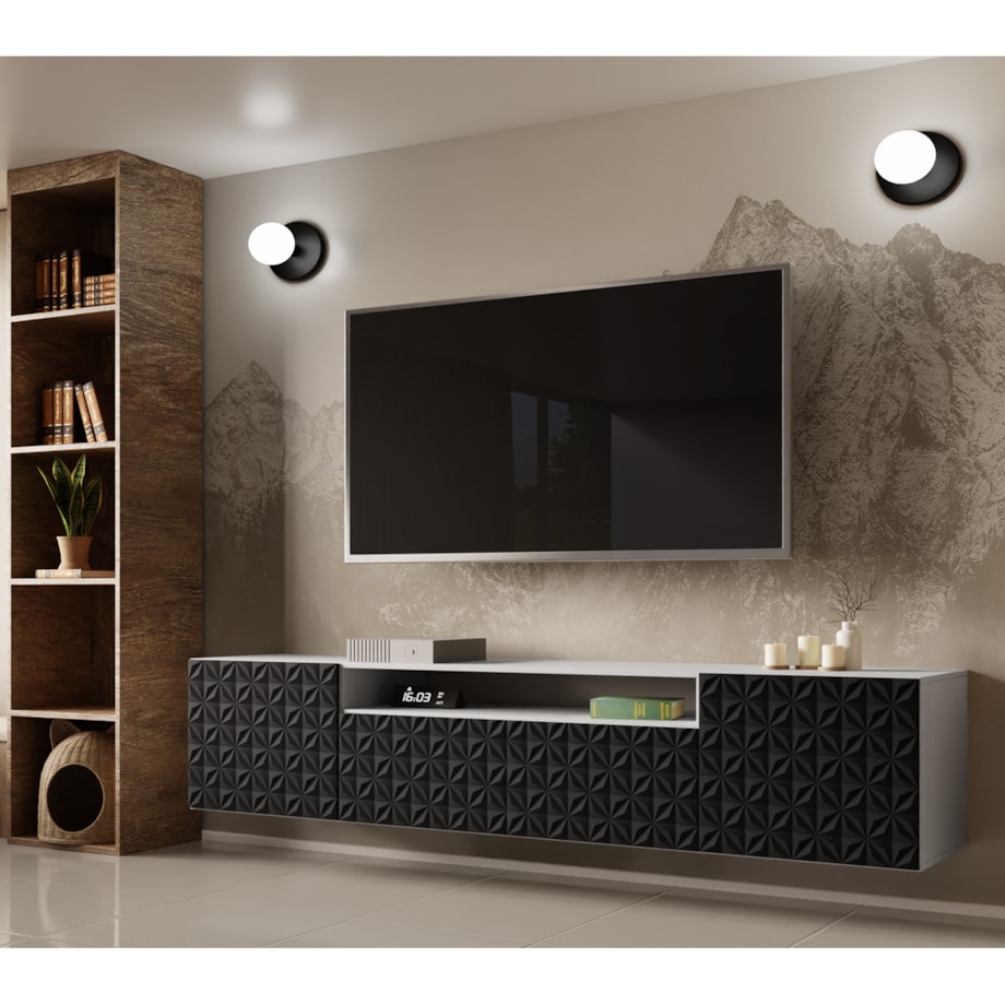 Szafka RTV ALI 200 cm, wisząca,z ozdobnymi frontami do salonu- frot czarny