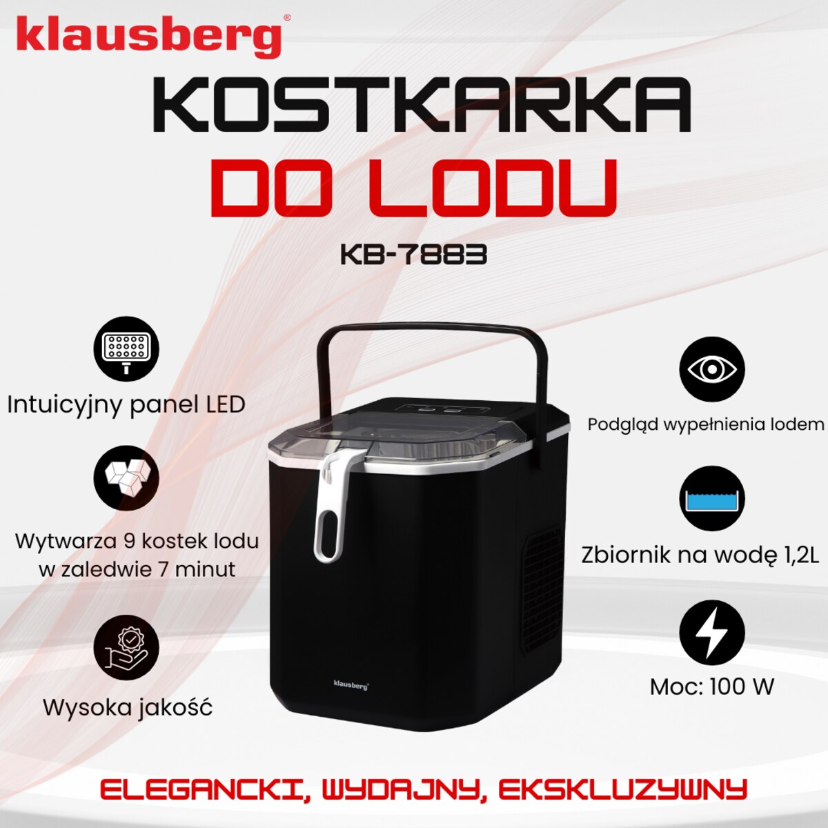 Kostkarka do lodu automatyczna 1.2L 0.6kg 100W LED KLAUSBERG