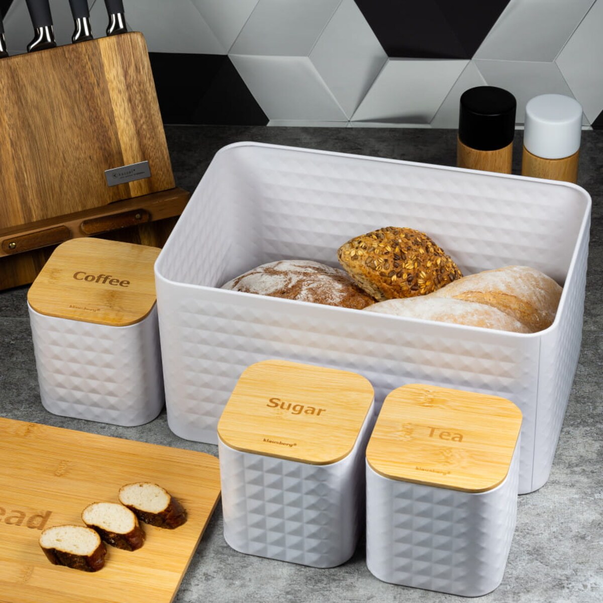 Chlebak w zestawie z 3 pojemnikami pojemnik na chleb pieczywo biały KLAUSBERG