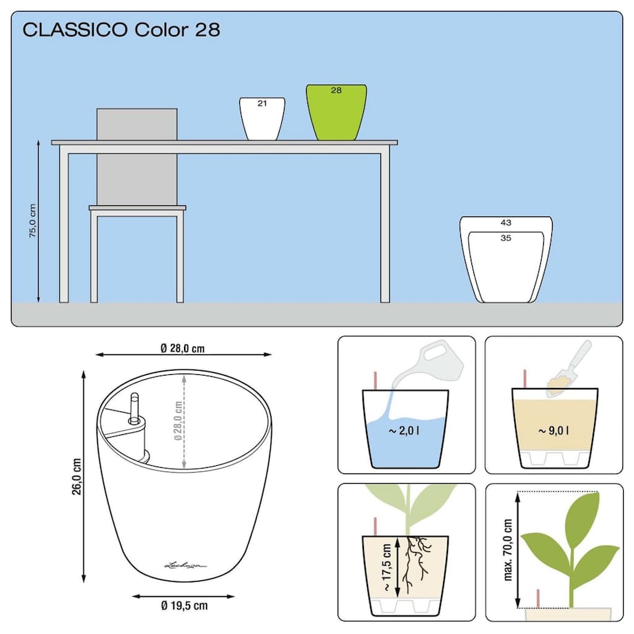 LECHUZA Donica Classico Color 28 ALL-IN-ONE, ciemnoszara, 13204