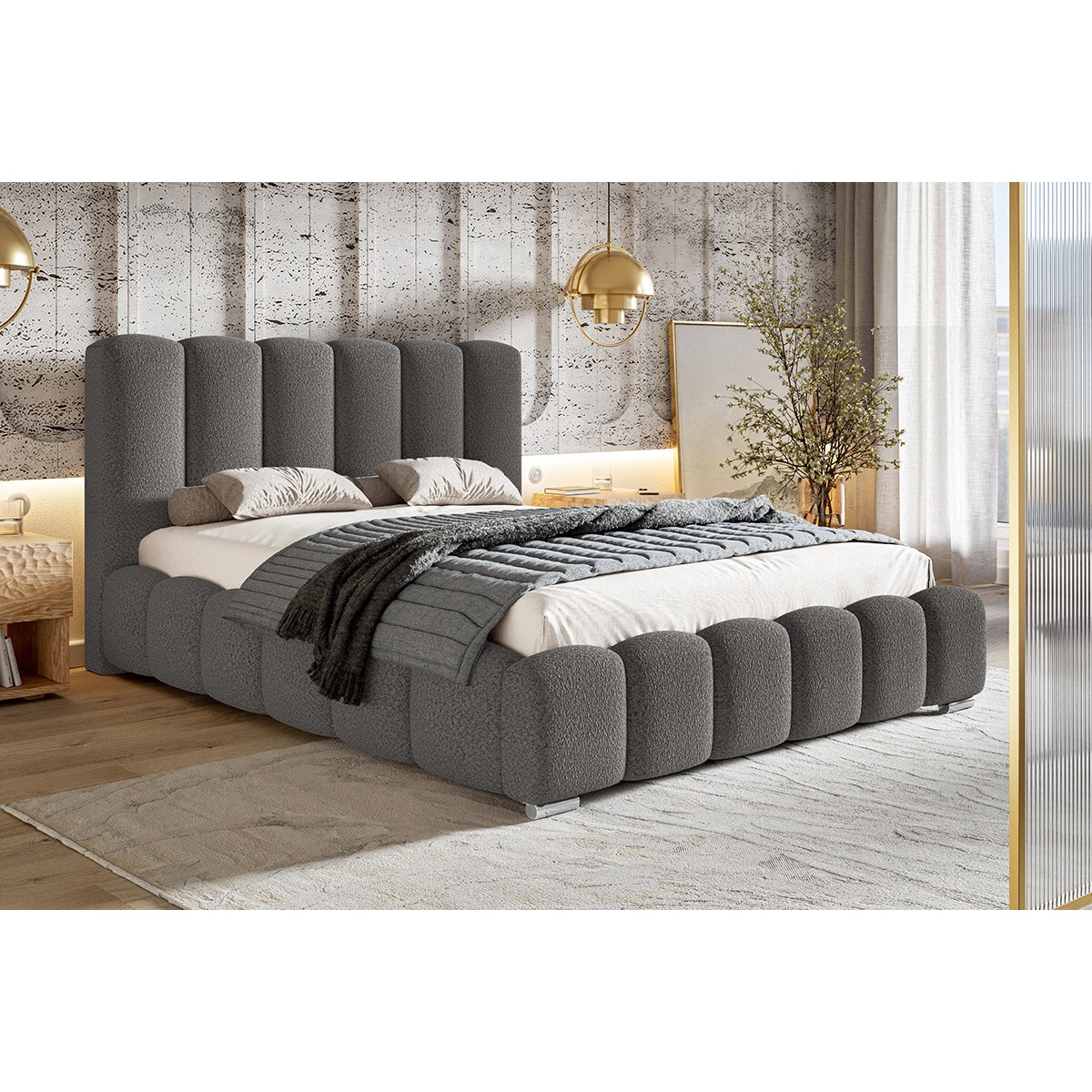 Łóżko sypialniane 200x200 BEN 18 stelaż metalowy, tkanina boucle- szary