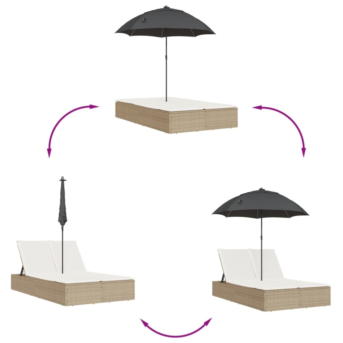 vidaXL Podwójna leżanka z poduszkami i parasolem, beżowa, polirattan