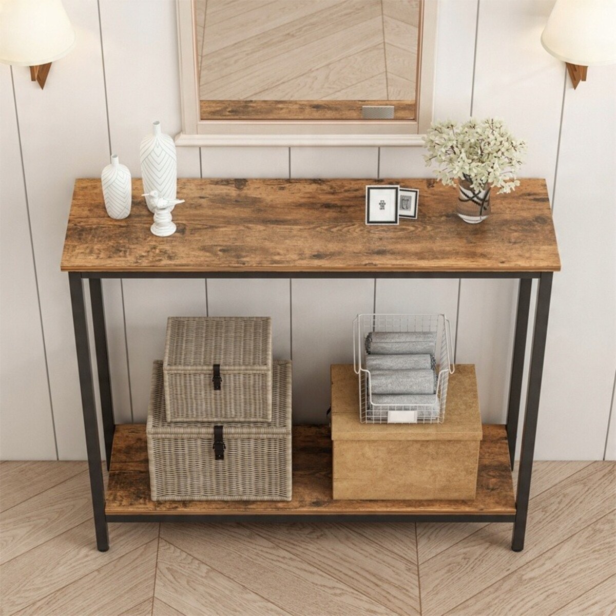 Konsola stolik regał z półką loft industrialny rustykalny brąz szafka 100cm