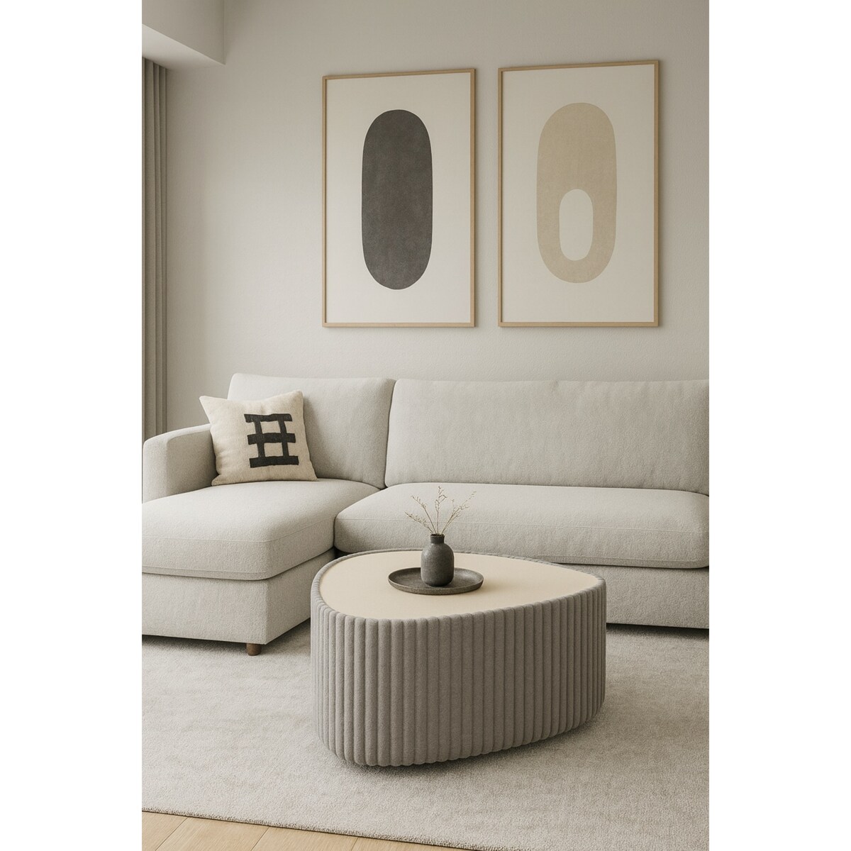 Stolik kawowy tapicerowany MIJA w tkaninie Tilia, jasno-szary