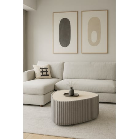 Stolik kawowy tapicerowany MIJA w tkaninie Tilia, jasno-szary