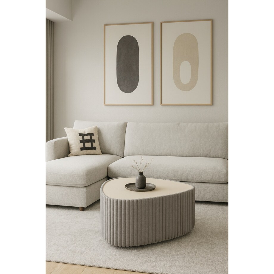 Stolik kawowy tapicerowany MIJA w tkaninie Tilia, jasno-szary