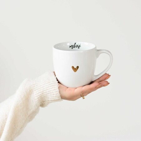 Biały kubek porcelanowy 300 ml „Miłość" ze złotym sercem - prezent na walentynki, rocznicę, zaręczyny